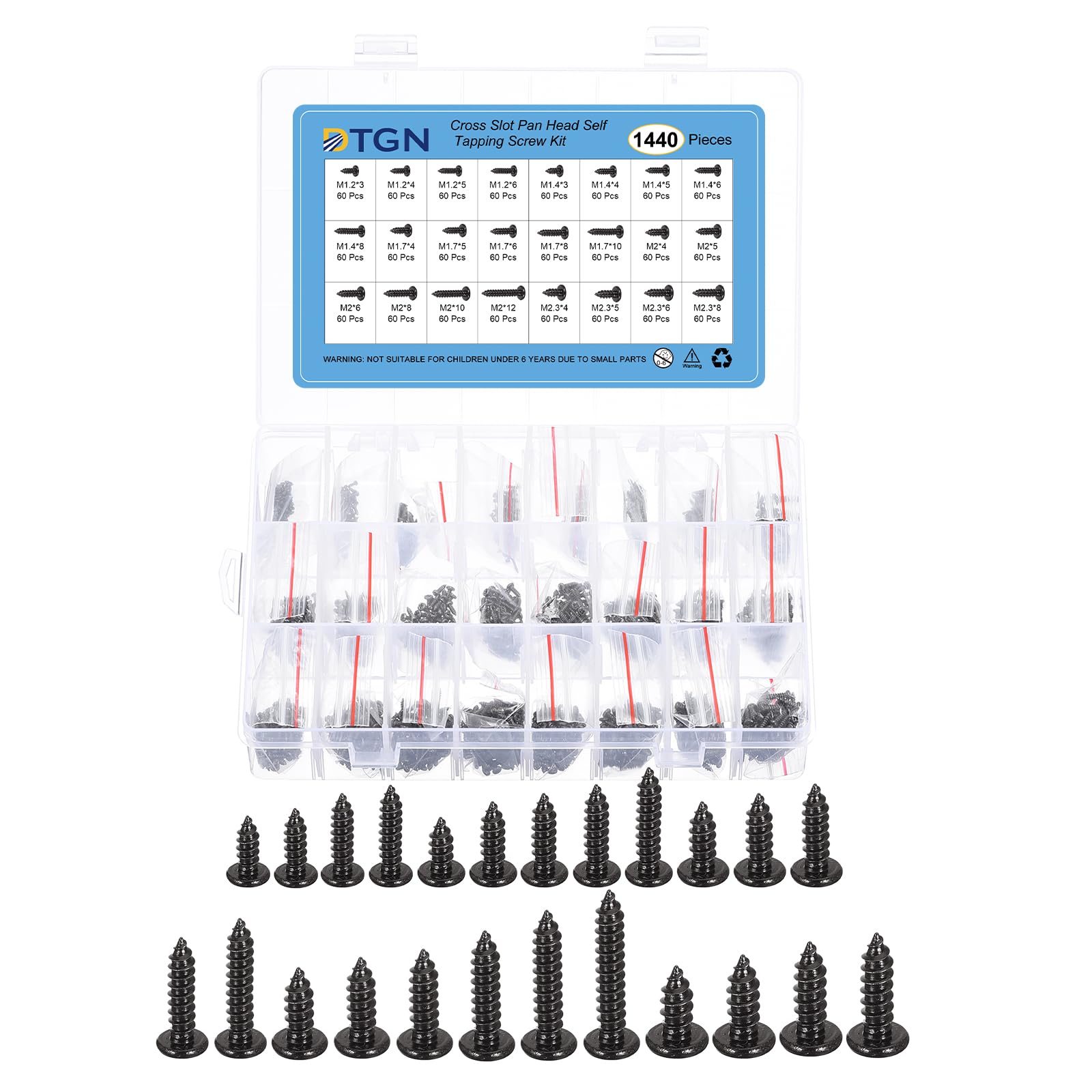 DTGN Mini Screws Assortment Kit,Miniature Phillips Replacement Screws for Glasses Watch Clock,Phillips Head Self-Tapping Screws,Carbon Steel Black Oxide(Size:M1.2x3-M2.3x8-1440pcs)