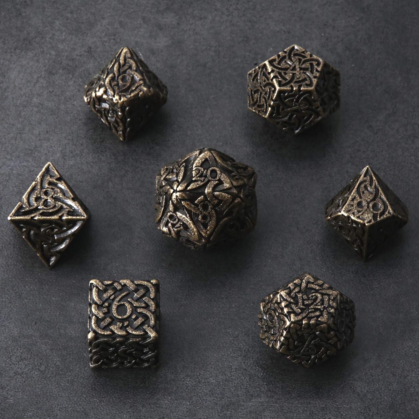 Tarnished Gold Endless Destruction Dice 7 piece Polyhedral Metal Dice Set Celtic Knots Extra Heavy & Large for DnD Dungeons and Dragons Call of Cthulhu Pathfinder RPG Dice Ranger Druid Barbarian Dice