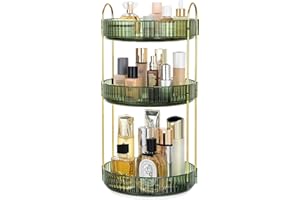 Vorey 360 Rotating Makeup Organizer Countertop 3 Tier Bathroom Organizer Spinning Perfume Organizers, Skincare Organizers Makeup Carousel Cosmetic Brush Storage for Vanity, Countertop, Green
