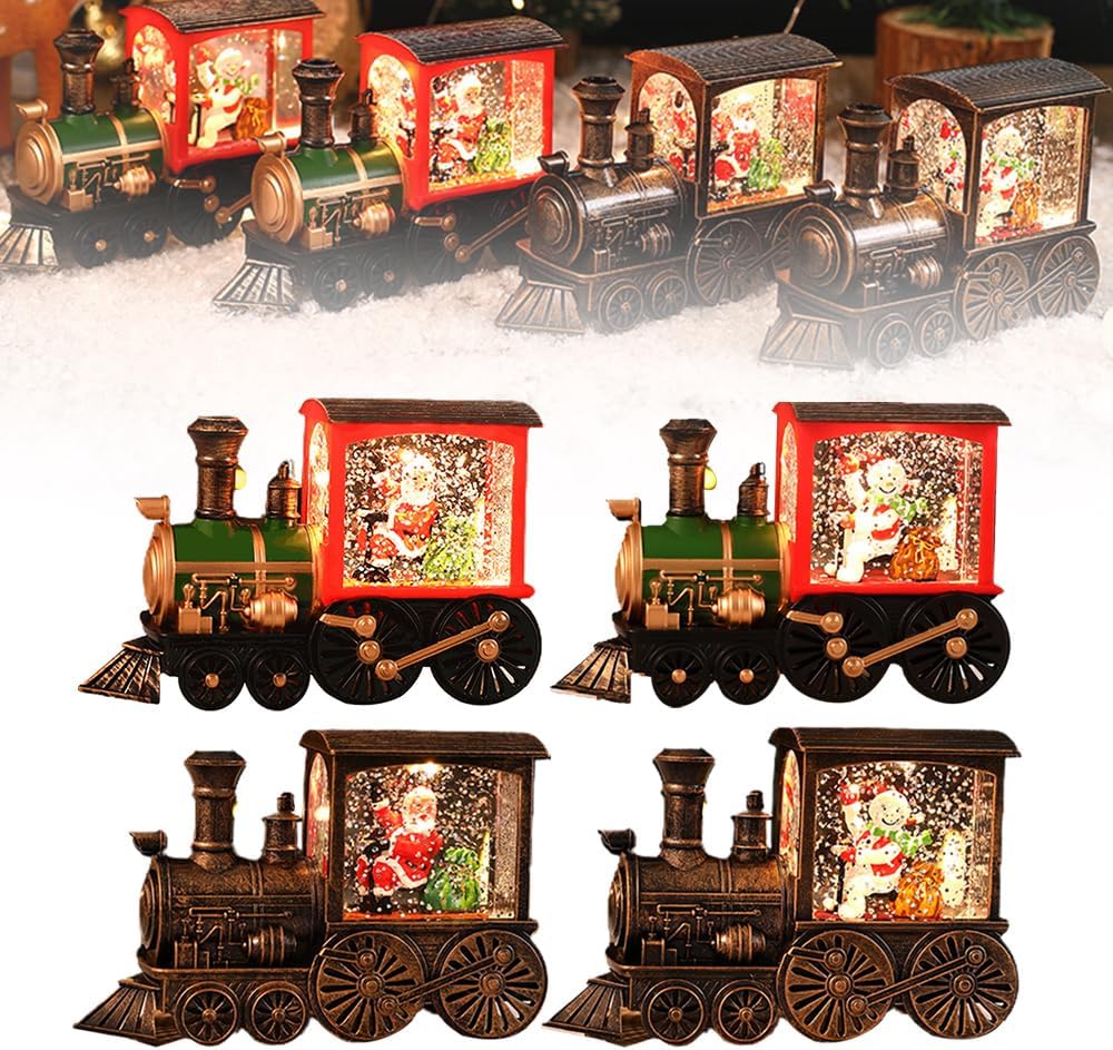 Snow Globes - 2024 New Christmas Train, Lighted Christmas Snow Globe Lantern, Battery Operated Santa Claus Snowman Train LED Water Glittering for Christmas Home Decoration Gift (All of 4)