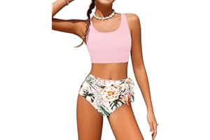 ADIRUN Girl Swimsuit Bikini Set Tropical Print Bathing Suit Two Piece Girls' Swimwear with Tie Side Knot 7-14T