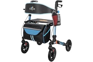 Aojin Rollator Walker for Seniors, Lightweight Foldable All Terrain Rolling Walker with seat, Aluminum Walkers with 8 inch Rubber Wheels, Handles and Backrest for Seniors and Adult (Blue)