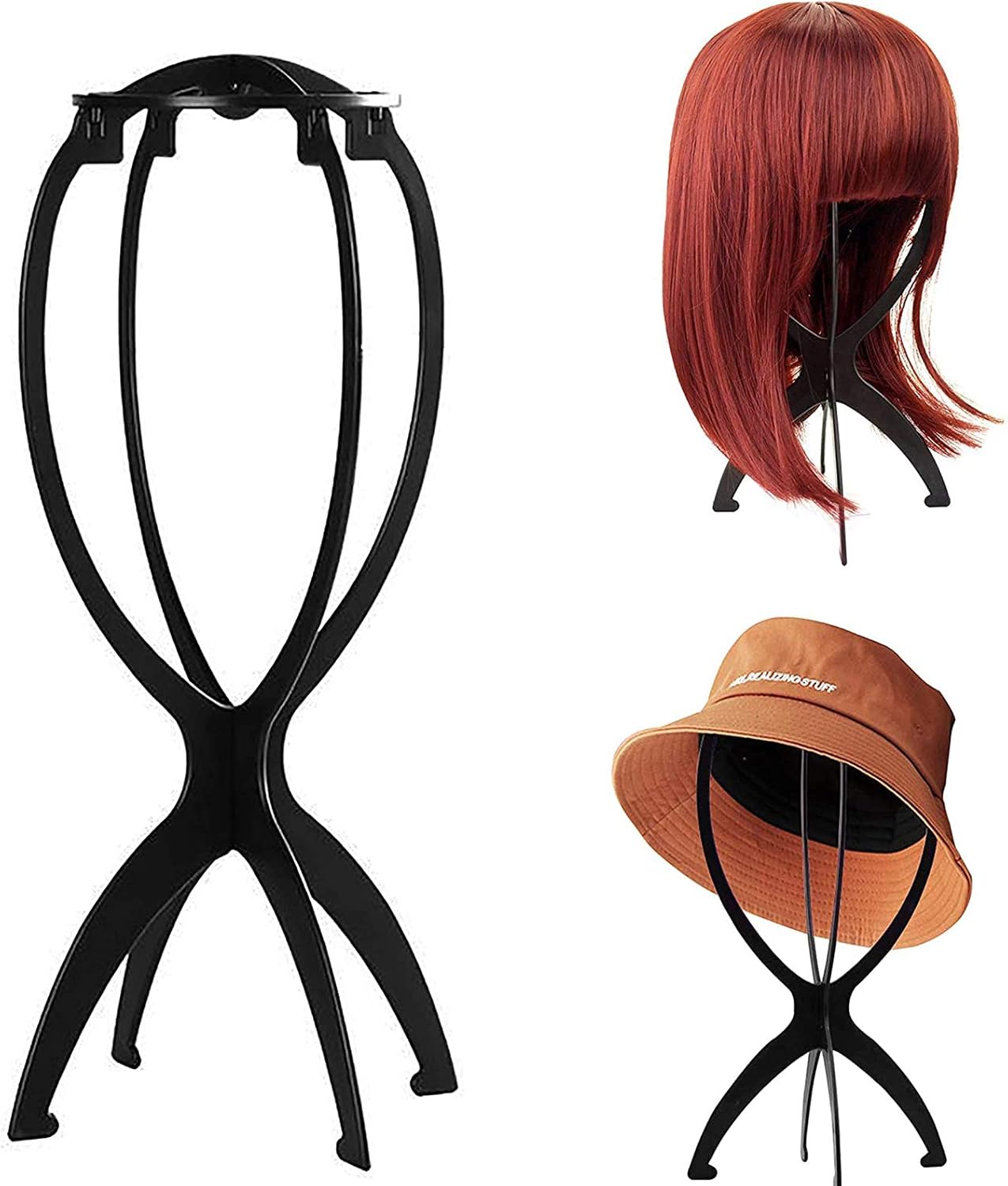 RuiSi 2 Pack Short Wig Stands for Wigs 14.2 Inches Portable Collapsible Wig Dryer, Durable Wig Display Tool, Travel Wig Stands, Black