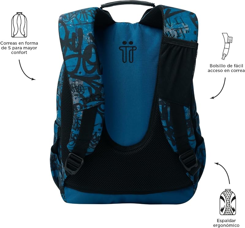 - Mochila escolar, modelo de elásticos, mochila média, capacidade de 15 L, bolso para PC de 14", bolso para garrafa, encosto ergonómico para fluxo de ar, alças em S confortáveis, Urban Graph Print