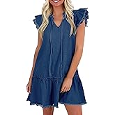 POTILI Denim Dress for Women Short Sleeve Jean Dress V Neck Drawstring Casual Mini Dresses with Pockets