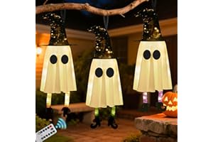 Yinhua Halloween Hanging Ghosts Set of 3 - Remote Control Halloween Decorations Ghost Decor with String Lights 8 Lighting Modes, Cute Ghost Decor with Hat for Home Porch Yard Tree (Warm Light)