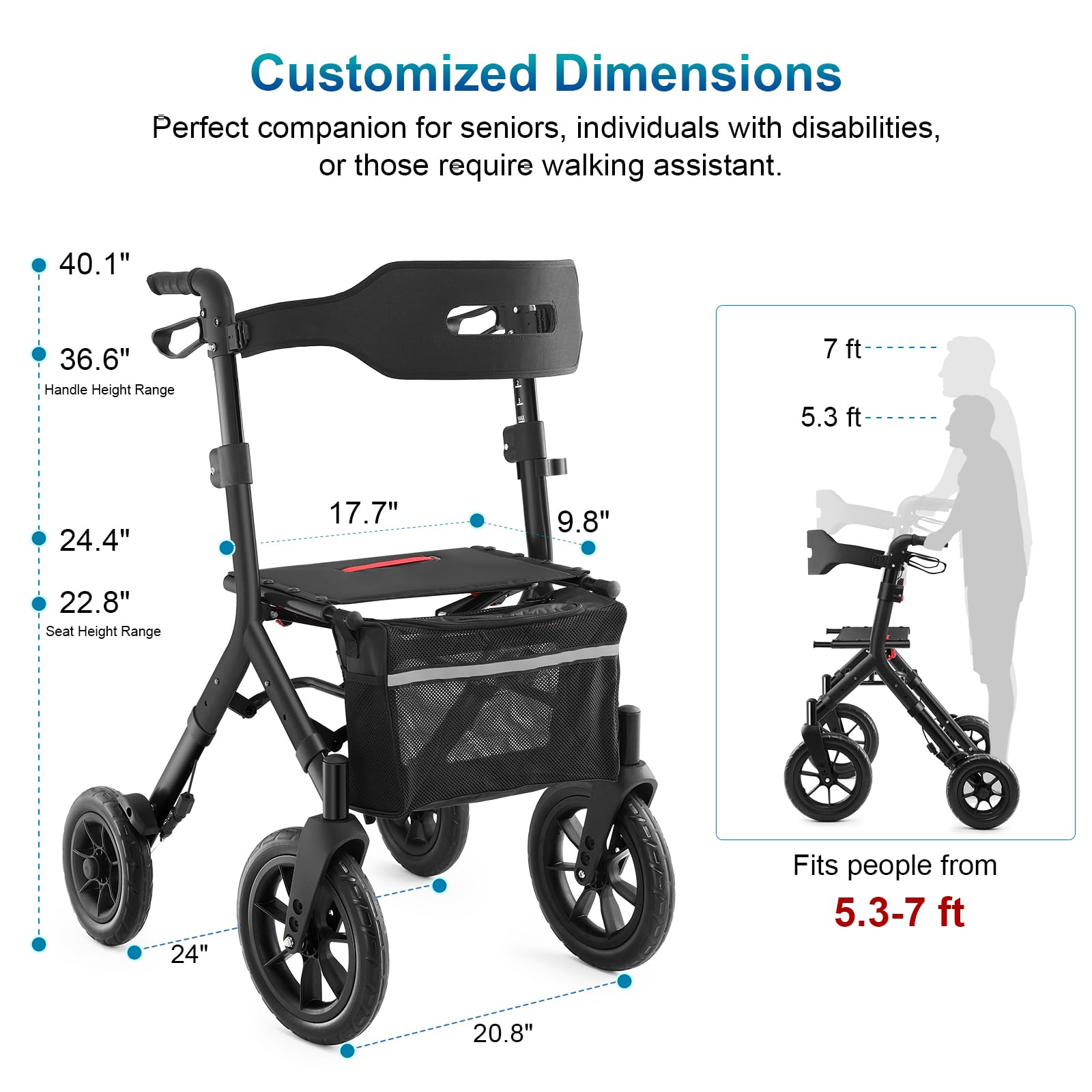 Rollator Walker with Seat, Tall Walkers for Seniors, 12