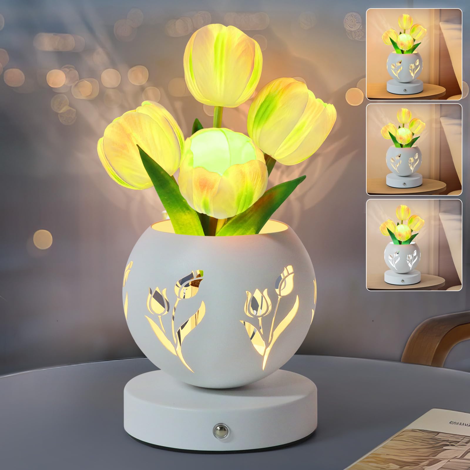 Strackvial Rose Table Lamp, Artificial Flowers in Vase Night Light, Touch Stepless Dimming LED Vase Lamp, USB Rechargeable Desk Lamp Decorative Lamp for Living Room Office Home Decor (Rose-Champagne)