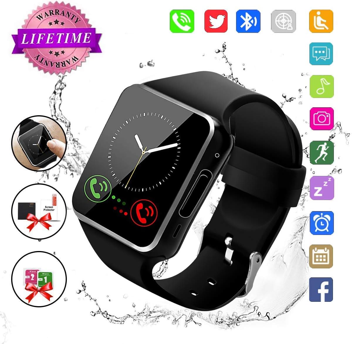 Smart Watch,Bluetooth Smart Watch for Andriod Phones,Waterproof Smartwatch with Camera,Waterpfoof Smart Watches,Watch Phone Touchscreen for Android Samsung iOS iPhone Xs 8 7 6S Men Women (X-Black)