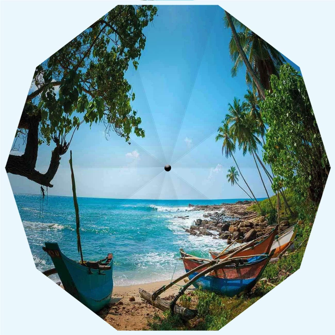 Amazon Com Rldsess Beach Compact Patio Umbrella Automatic Opening And Closing Beach Tropical Ocean Scenery Palm Trees Fishing Boats Caribbean Windproof Rainproof Men Ladies 10 Ribs 42 Inches Garden Outdoor