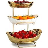 YYW 3 Tier Fruit Bowl for Kitchen Counter, White Gold Ceramic Fruit Stand for Countertop, Home Fruit Rack with Holder, Vegetable Bowl Snacks Nuts Bread Candy Storage (Gold)