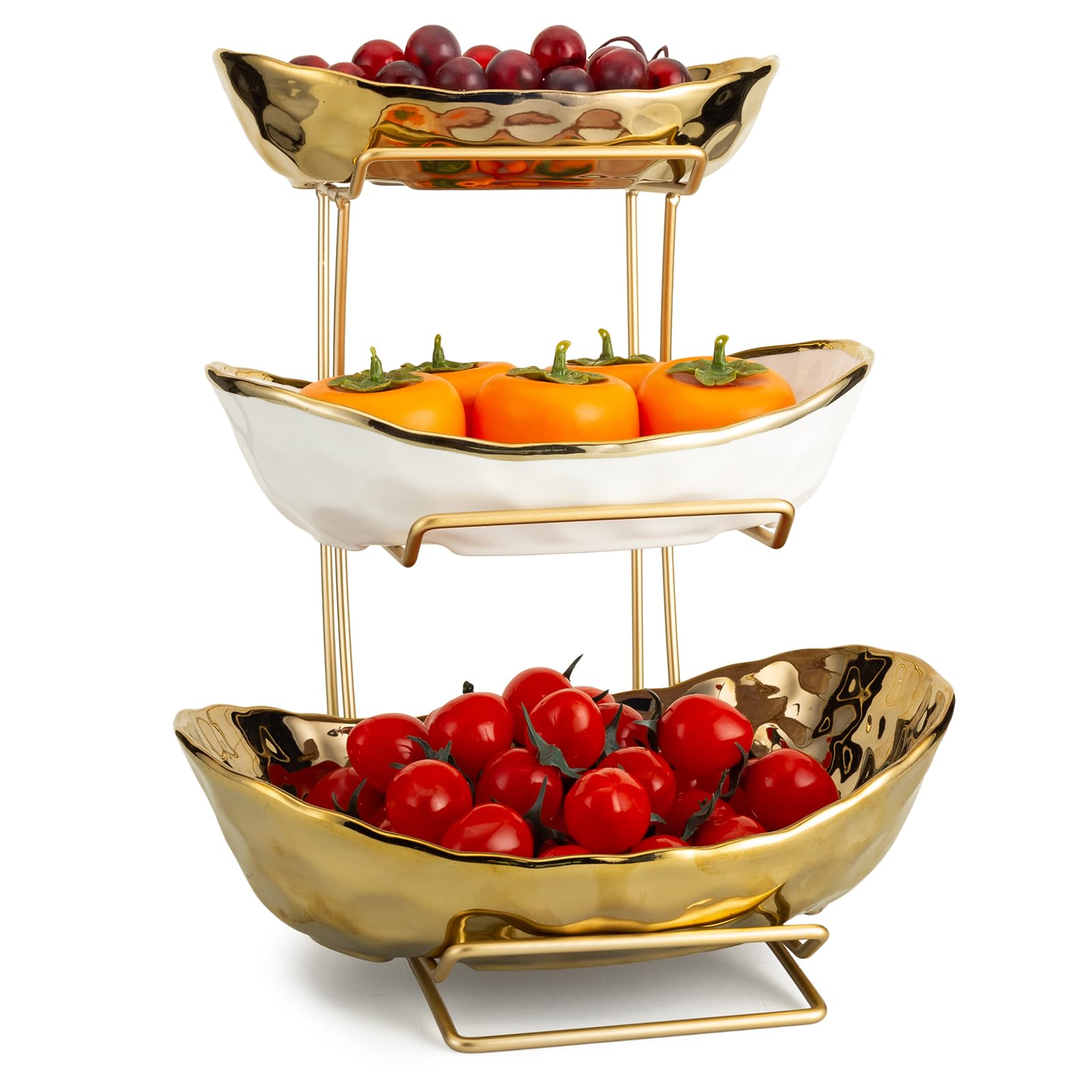 Photo 1 of YYW 3 Tier Fruit Bowl for Kitchen Counter, White Gold Ceramic Fruit Stand for Countertop, Home Fruit Rack with Holder, Vegetable Bowl Snacks Nuts Bread Candy Storage (Gold)
