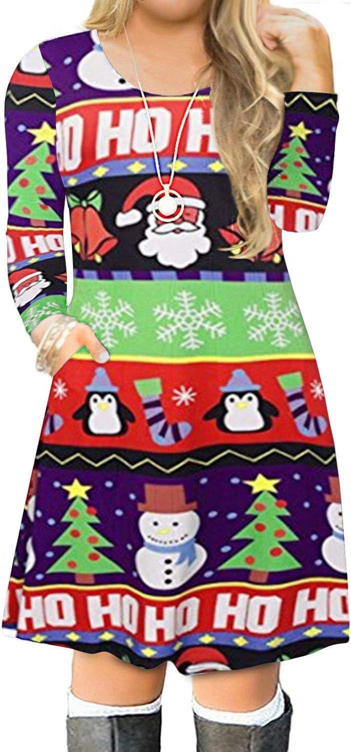 VISLILYWomen's Plus Size Christmas Print Casual Swing T-Shirt Dress with Pockets