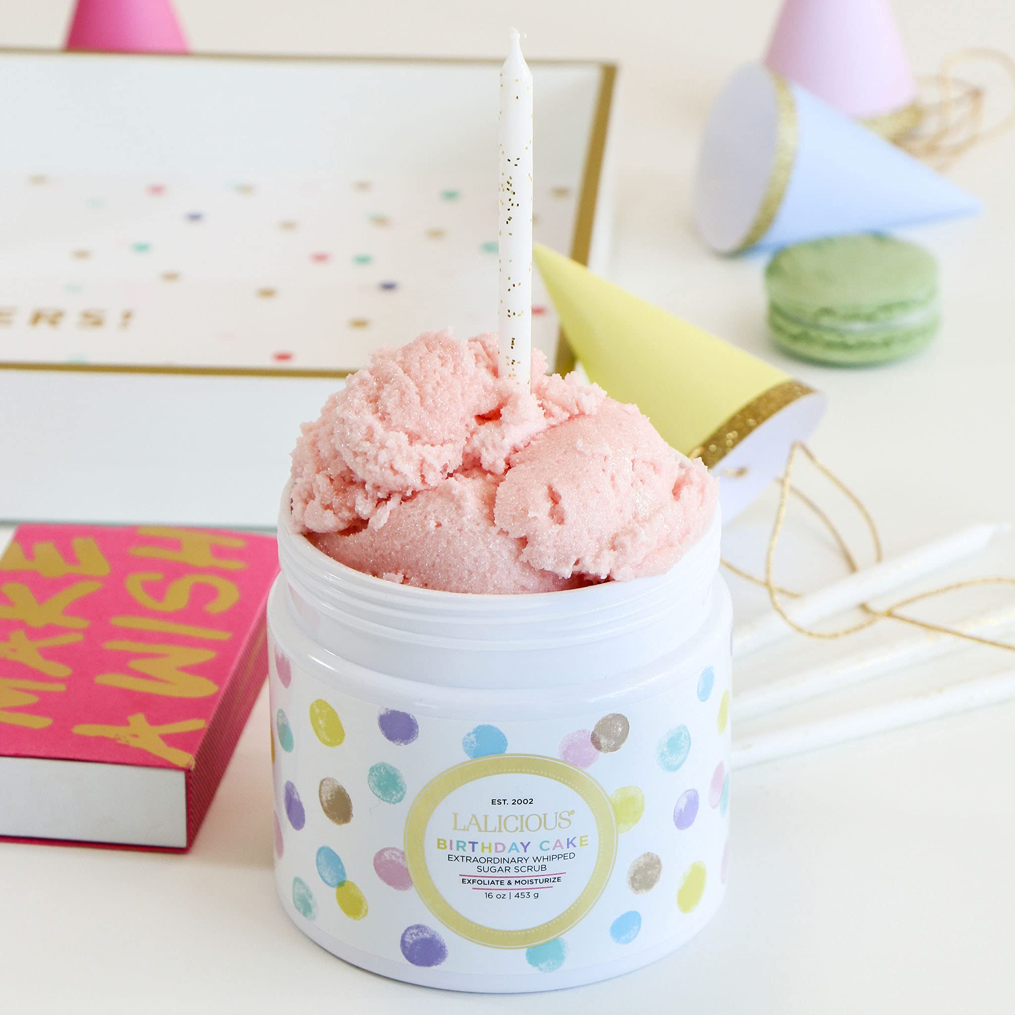 LaLicious Birthday Cake Extraordinary Whipped Sugar Scrub - Pink Shimmer Body & Foot Scrub, Exfoliating & Moisturizing Skin Care with Coconut Oil & Honey, No Parabens (16oz)