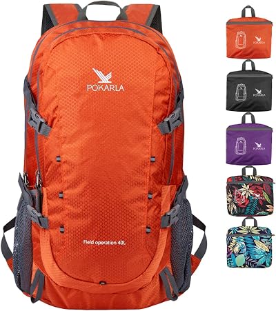 Pokarla 40L Foldable Rucksack Travel Hiking Daypack Orange Lightweight