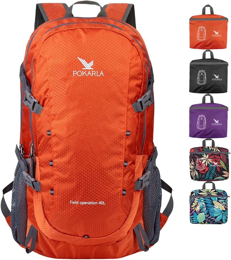 Pokarla 40L Foldable Rucksack Travel Hiking Daypack Orange Lightweight