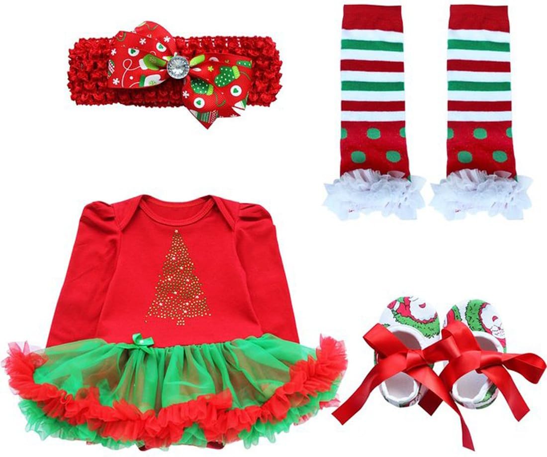 WeLin Baby Girls Christmas Skirt Bodysuit Headband Leg Warmer Shoes Set (Red Xmas Tree)