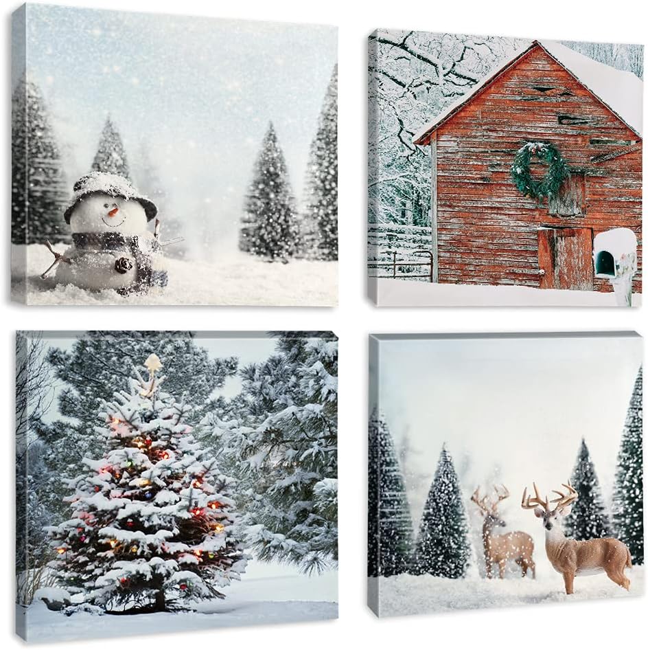Wall Décor - Christmas Canvas Wall Art Snowy Scenery Red Cottage Cute Snowman Canvas Prints for Living Room Kitchen Bathroom Home 12x12 Inches