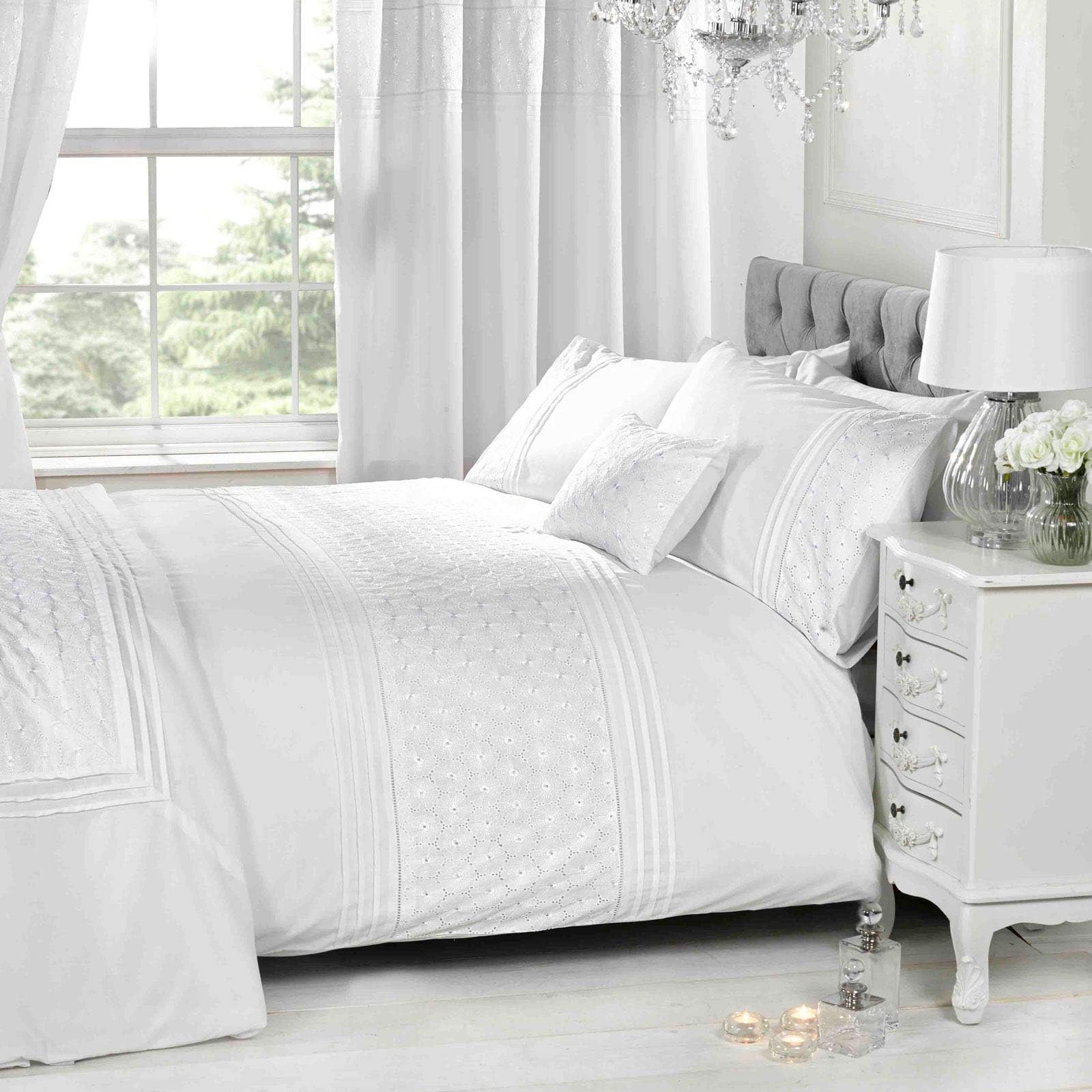 Rapport Home White Single Duvet Cover & P/case Bedding Bed Set Floral Emdroidered