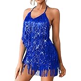 Kaei&Shi Sequin Fringe Romper,Sparkly Glitter Metallic Jumpsuits For Women,Backless Shorts Dress Disco Birthday Dance Outfit