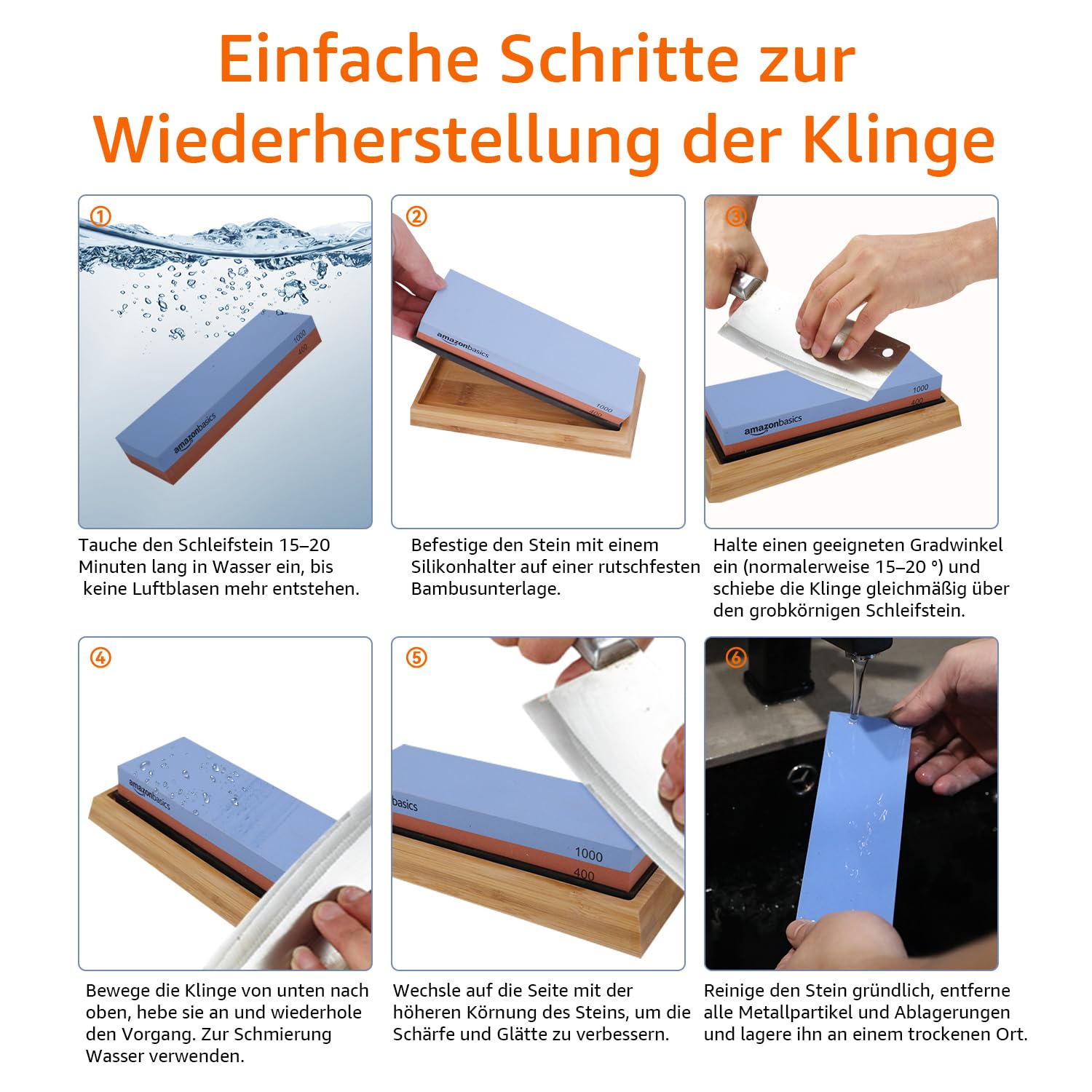 Amazon Basics Messerschärfstein, doppelseitig, Körnung 400/1000, mit rutschfester Bambusunterseite, 18 x 6.1 x 2.8 cm, Blau und Rot 4