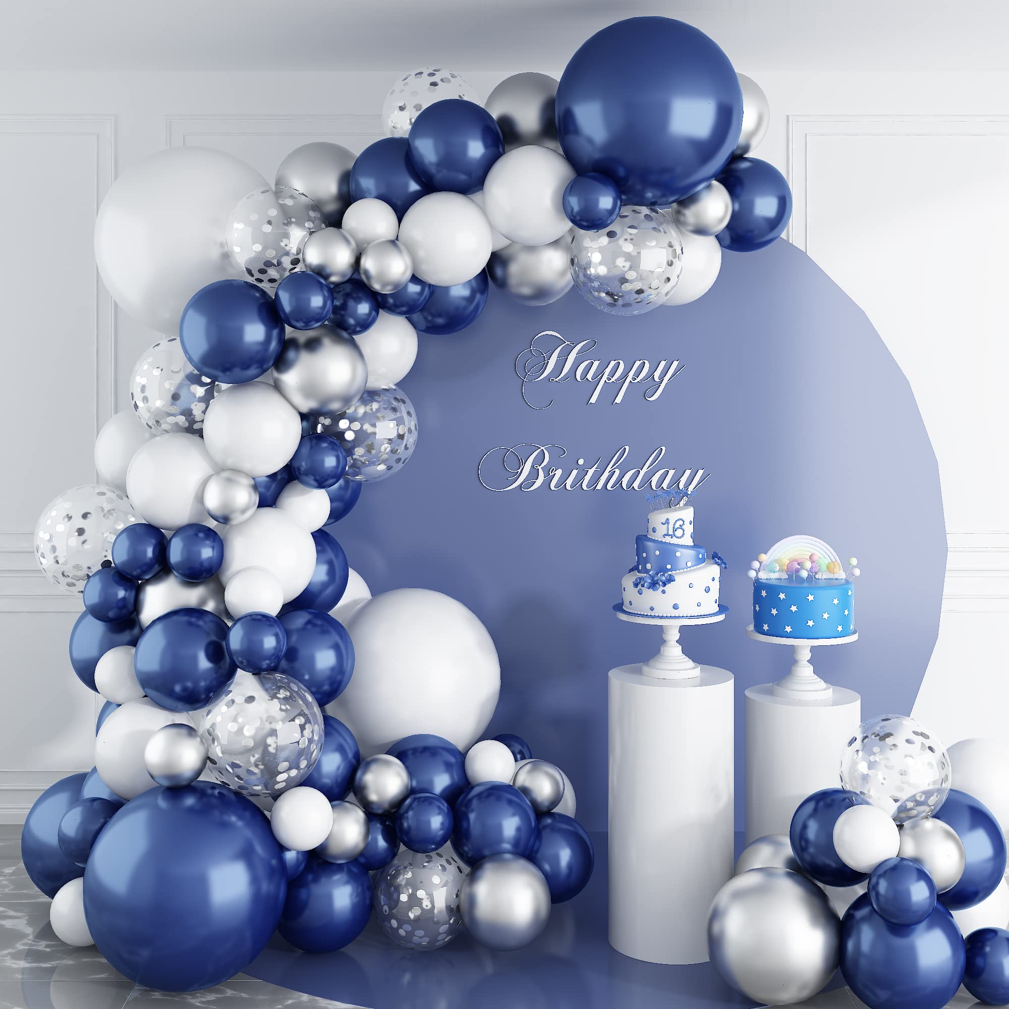 Photo 1 of 144PCS Navy Blue Silver Balloons Garland Kit, 18 12 10 5 inch Blue White Balloons and Silver Confetti Balloon Garland, Navy White Balloon for Graduation Birthday Baby Shower Wedding Party