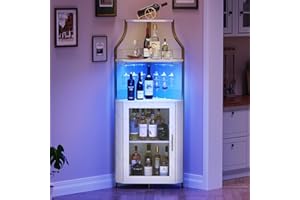 GarveeHome Corner Bar Wine Cabinet with LED Lights, 5-Tier Industrial Wine Cabinet with Glass Holder, Modern Liquor Cabinet with Adjustable Shelf, Home Bar Cabinet with Mesh Door, Gold