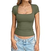 Eachyes Womens Square Neck Cap Sleeve Tops Sexy Low Cut Short Sleeve Shirts Basic Slim Fit Tee Cute Summer Clothes 2026