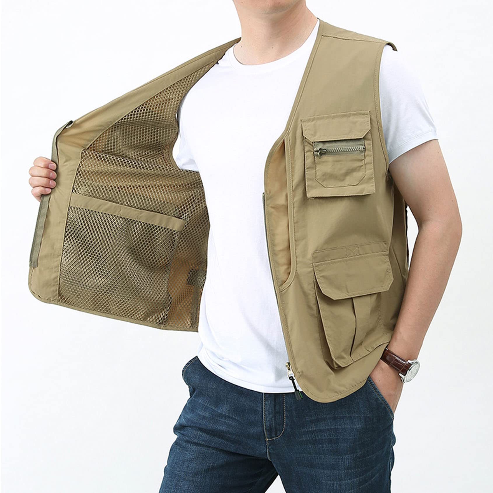 Perbai Men's Black Utility Fishing Vest Outdoor Summer Lightweight Work Photo Safari Cargo Vest