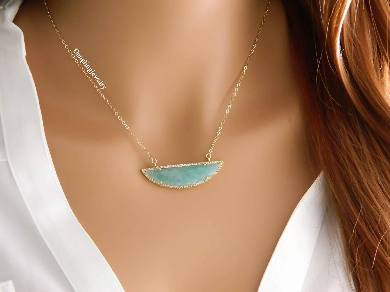 Mothers Day Gift, Natural Amazonite Necklace, Gold Half