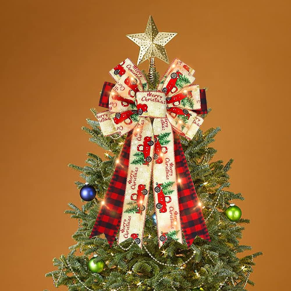Bows & Ribbons - Hying Large Christmas LED Wreath Bows, Christmas Bows with LED Lights Red Black Buffalo Plaid Bow Xmas Truck Burlap Bows LED Christmas Tree Topper Bow Ornaments for Front Door Wall Decorations