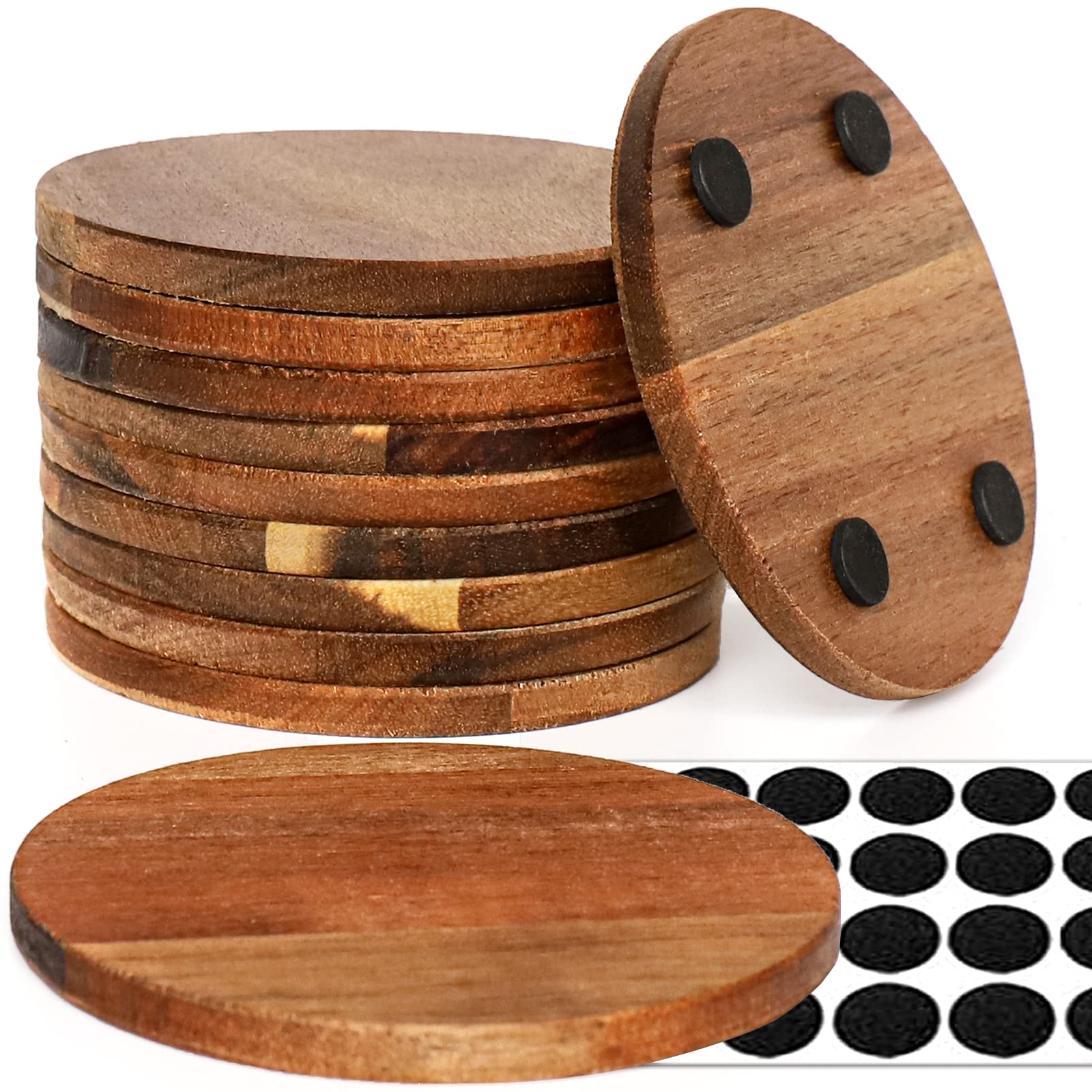 Photo 1 of 10 Pieces Unfinished Wood Coasters, 4 Inch Round Acacia Wooden Coasters for Crafts with Non-Slip Silicon Dots for DIY Stained Painting Wood Engraving Home Decoration