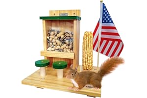 Whesamy Squirrel Feeders for Outside, Wooden Squirrel Feeder Picnic Table Feeders The Nut Bar with Stools, Squirrel Feeding Stations with Green Cover, Easy to Fill, Coated Waterproof