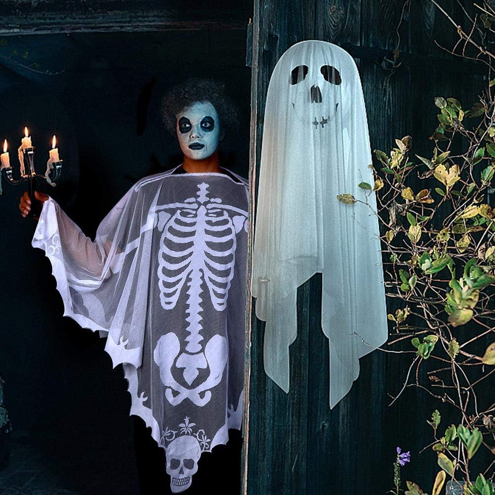 OurWarm Halloween Poncho White Lace Skeleton Poncho for Women, Day of The Dead Costume 60 x 60 Inch: Clothing