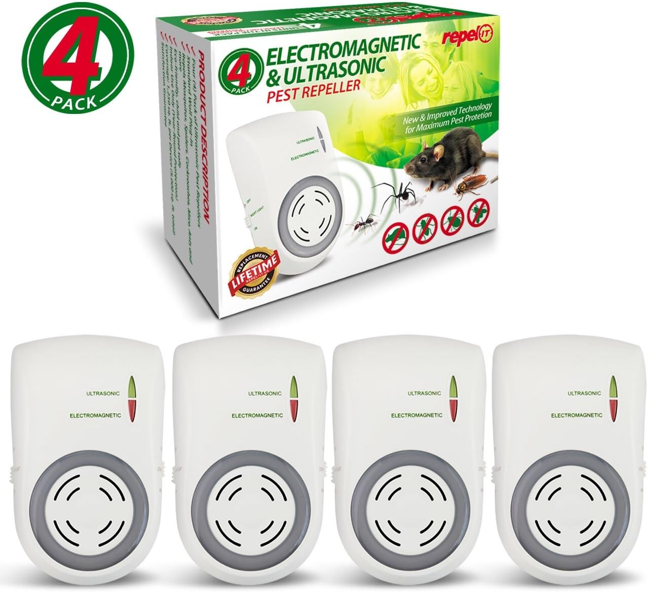 Repel-It Ultrasonic Pest Repeller Plug In, Dual-Technology Pest Control (5,000 sq ft) For Mice, Rats, Cockroaches, Spiders, Ants & Insects. (4 Pack - Full House Coverage)