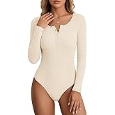 PRETTYGARDEN Long Sleeve Bodysuits for Women 2026 Ribbed Knit Henley Button Up Slim Fitted Basic Tops Winter Fashion Clothing (Beige,Medium)