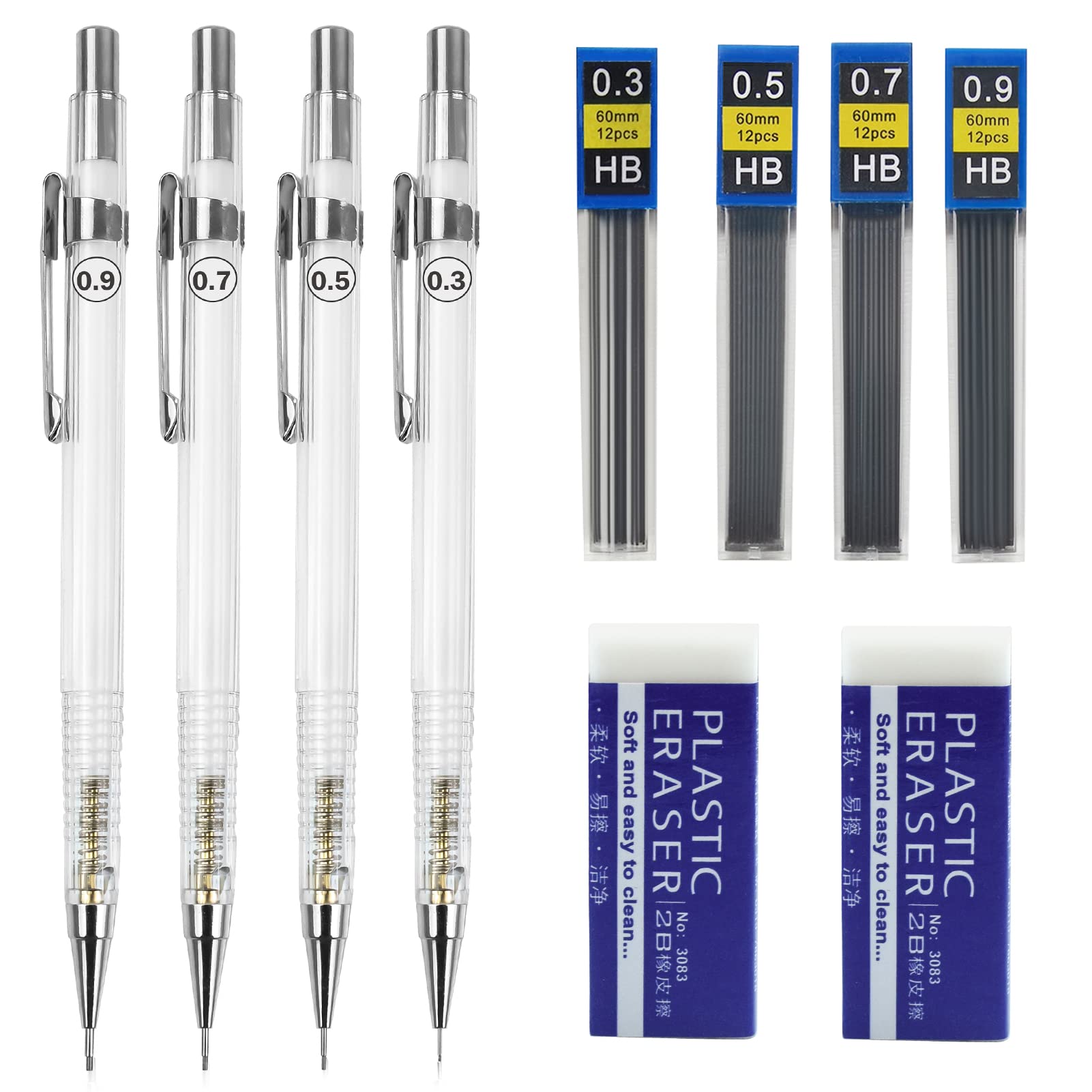 Zngou 10Pcs Mechanical Pencil Set 0.3 0.5 0.7 0.9mm Hb Mechanical Pencil Automatic Pencil Architecture Propelling Pencil Drafting Clutch Pencil Lead Refills Eraser Art Drawing Writing Sketching