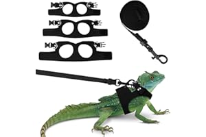 Fnaobai Bearded Dragon Harness Leash Set 3 Size Adjustable Lizards Training Walking Leather Vest Escape-Proof Traction Rope for Outdoor Small Reptiles Animal Squirrels (Black)