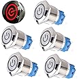 DMWD 5Pcs 19mm Metal Latching Push Button Switch Waterproof Anti-Vandal Silver Shell 12V-24V 1NO 1NC ON/Off for 3/4" Mounting Hole with Power Symbol LED Red Light