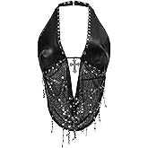 SOLY HUX Women's Gothic Grunge PU Leather Sparkly Halter Crop Top Y2k Deep V Neck Vest Rave Outfits