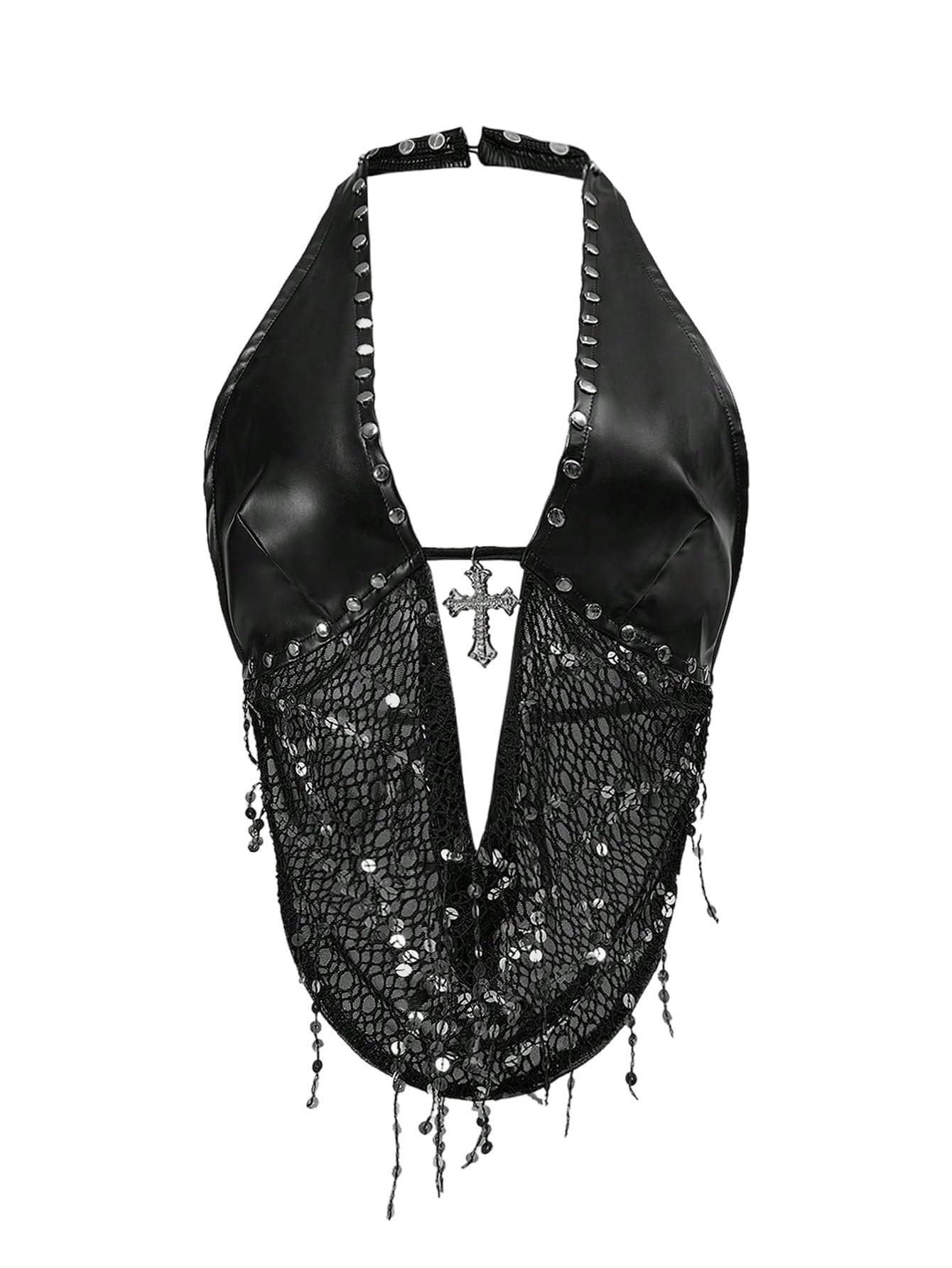 Photo 1 of SOLY HUX Women's Gothic Grunge PU Leather Sparkly Halter Crop Top Y2k Deep V Neck Vest Rave Outfits Solid Black X-Small