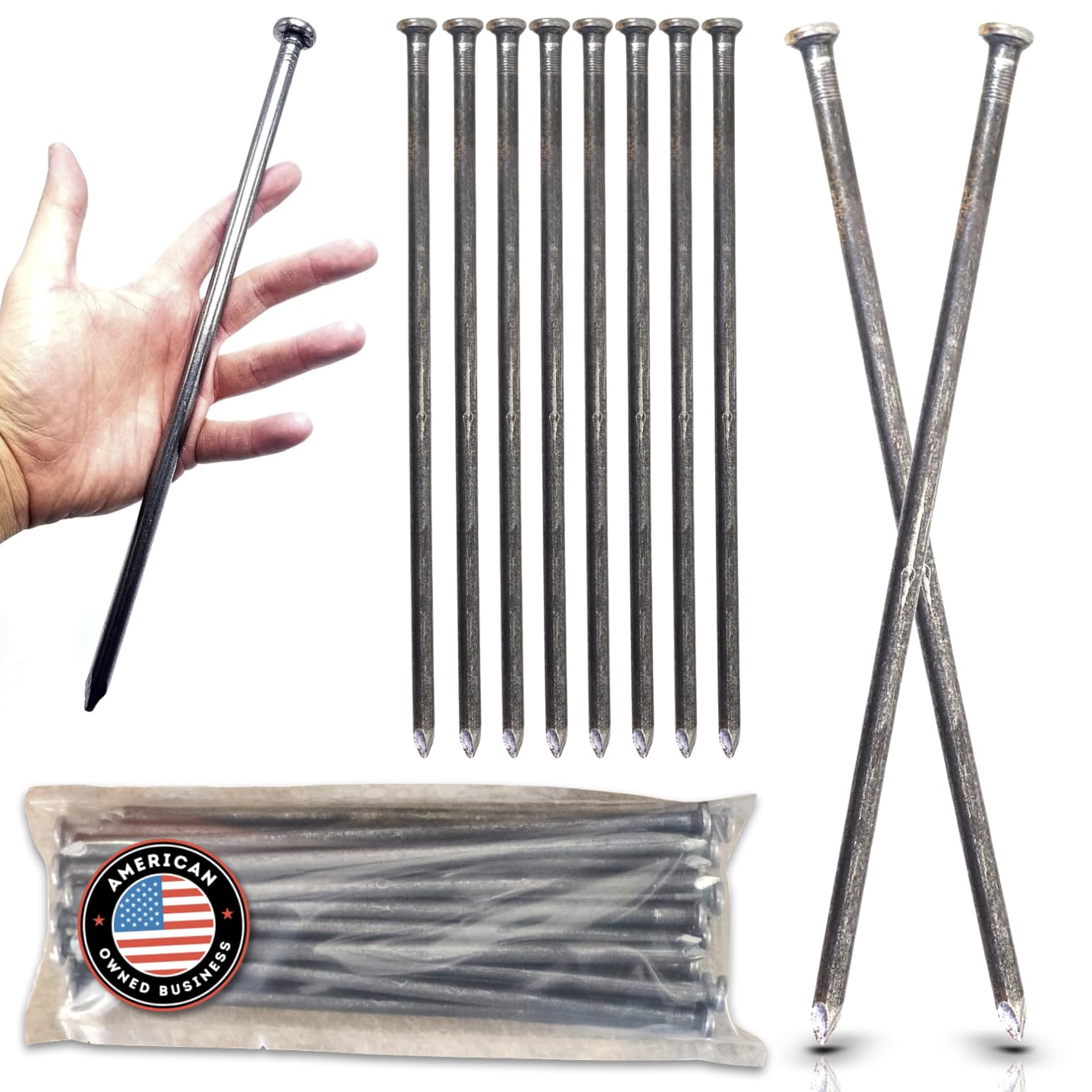 Heavy Duty (10 Count) - Round Metal Landscape & Paver Edging Anchoring Spikes, 12-Inch Length - Bright Spike Timber Nail, Tent Spike, Camping, Trapping, Landscape, & More (10-Pack)