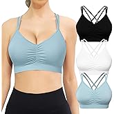 VEQKING Ruched Sports Bras for Women Large Bust, Seamless Padded Strappy Medium Support Yoga Bra, 3 Pack