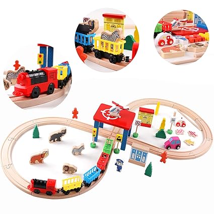 Qzmtoy Wood Train Set With 2 Side Thomas Brio Chuggington 30pc Magnetic Train Tracks Cars Airplane Animal Zoo Accessories For Boys Girls Game Toddler