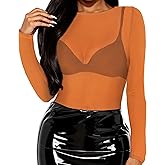 Women's Mesh Tops Sheer Long Sleeve Tee Shirts Bodycon See Through Blouse Clubwear