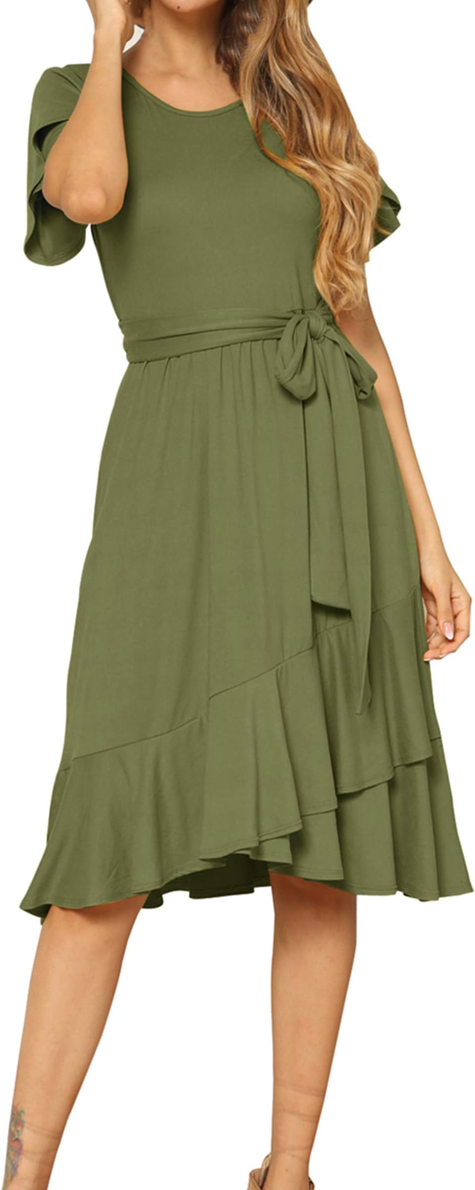 Women's Plain Casual Flowy Short Sleeve Midi Dress with Belt