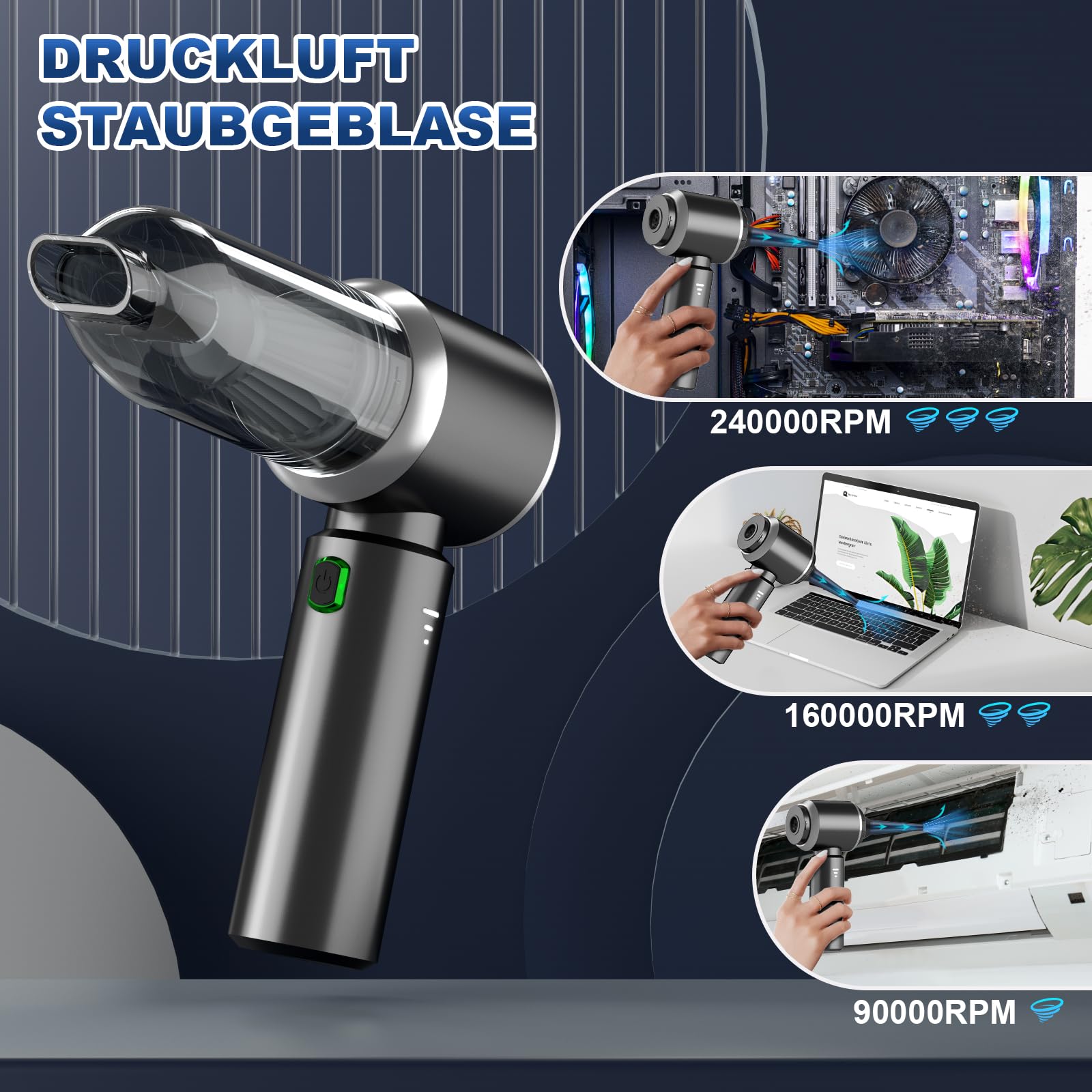 2-in-1 Handstaubsauger Akku,28000PA Handstaubsauger Kabellos,Auto Staubsauger Stark,3-Gang 240000 U/min Elektrische Staubgebläse Druckluftspray für Auto, Küche,PC, Sofa, Büro, Haus& Tierhaar Reinigung 3