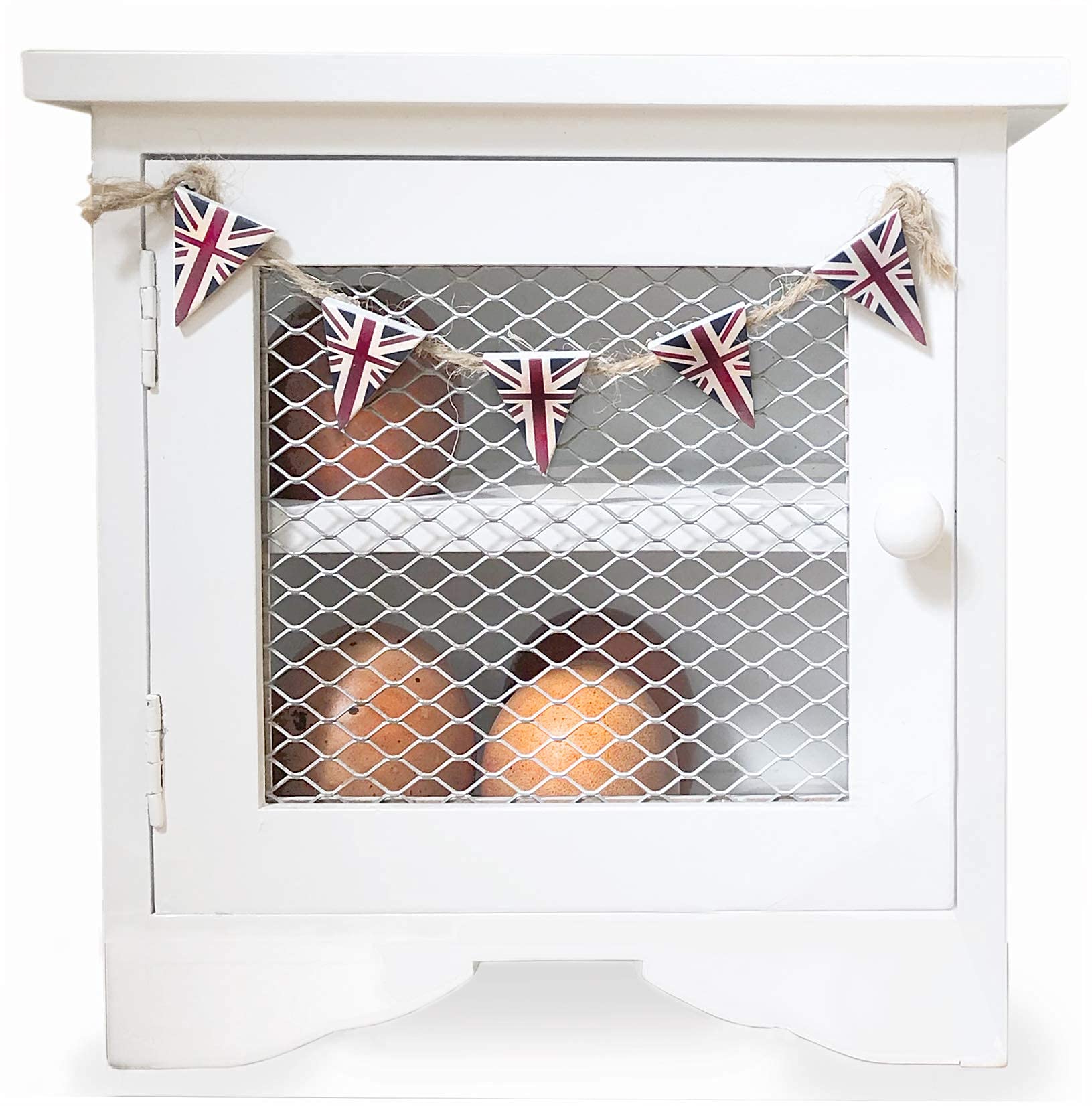 GreyZouq Wooden Country Kitchen Egg Cabinet. Egg Rack with Capacity to hold 12 Eggs. Ideal storage rack with farmhouse rustic effect. Worktop organizer. (White with Bunting)