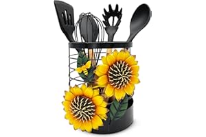 LOWA Dezine's Sunflower Utensil Holder with Silicone Cooking Utensils Set (5pc) with Wooden Handles, Kitchen Utensil Organizer for Countertop, Cute Utensil Caddy, Farmhouse Kitchen Counter Decor