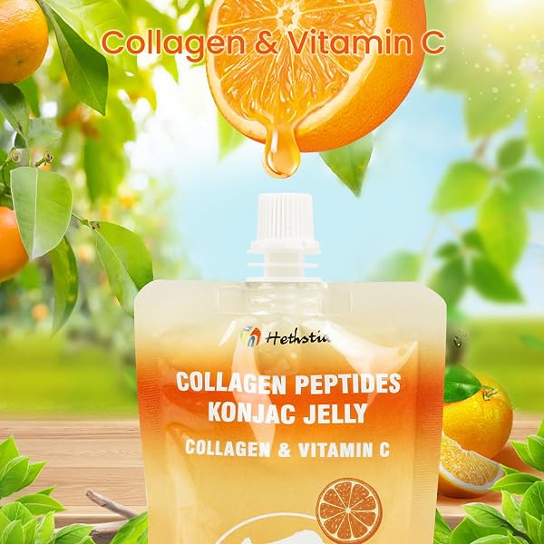 HETHSTIA KONJAC JELLY, 7 CALORIES, ORANGE FLAVOR | ZERO SUGAR | 10 PACKS | KETO, GLUTEN FREE, COLLAGEN PEPTIDES & VITAMIN C HEALTHY DRINKABLE POUCH DIET SNACK & GIFTS